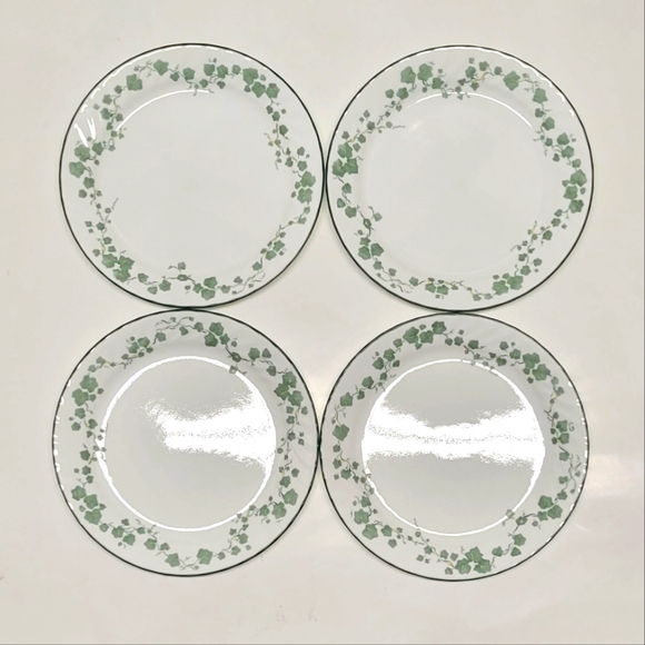 Corelle Other - 4 Corelle Callaway Dinner Plates White Swirl Plates Green Ivy Edge Rim